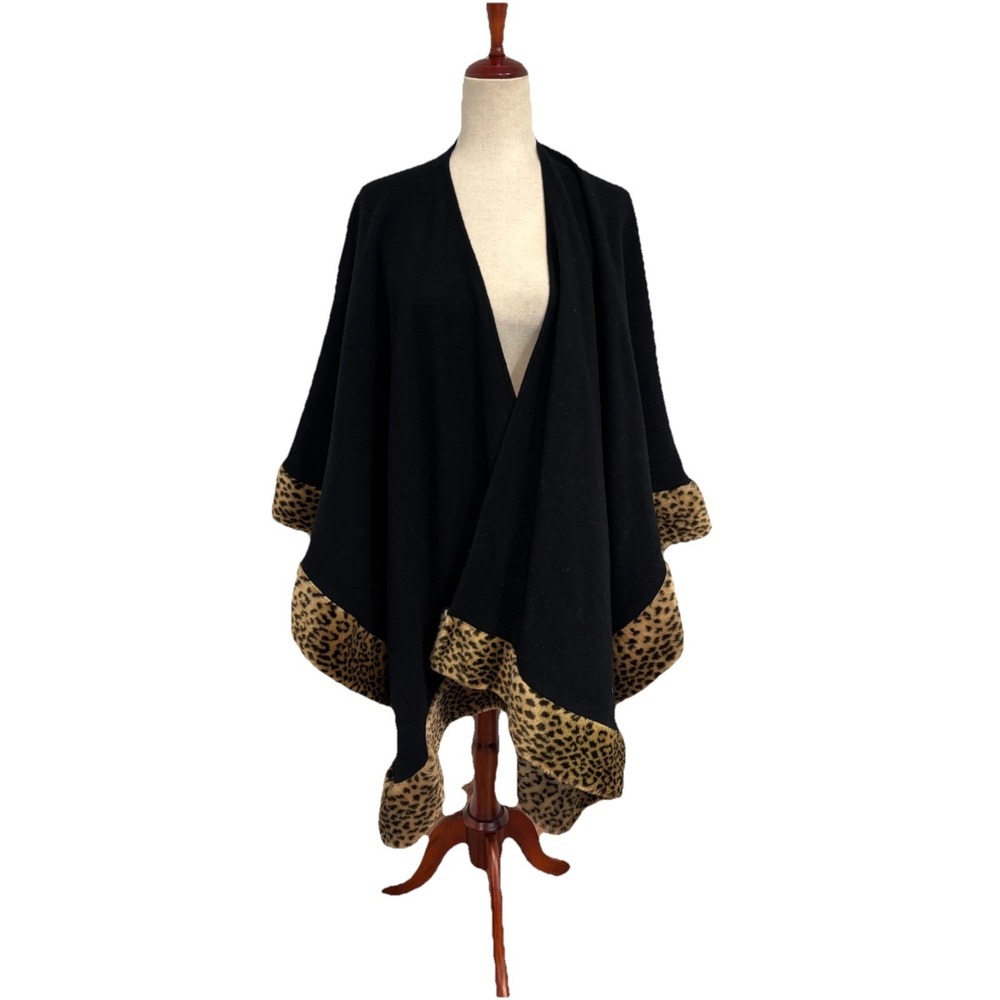 VTG Komitor Black Wool Shawl Faux Fur Leopard Trim One Size Animal Print Coat